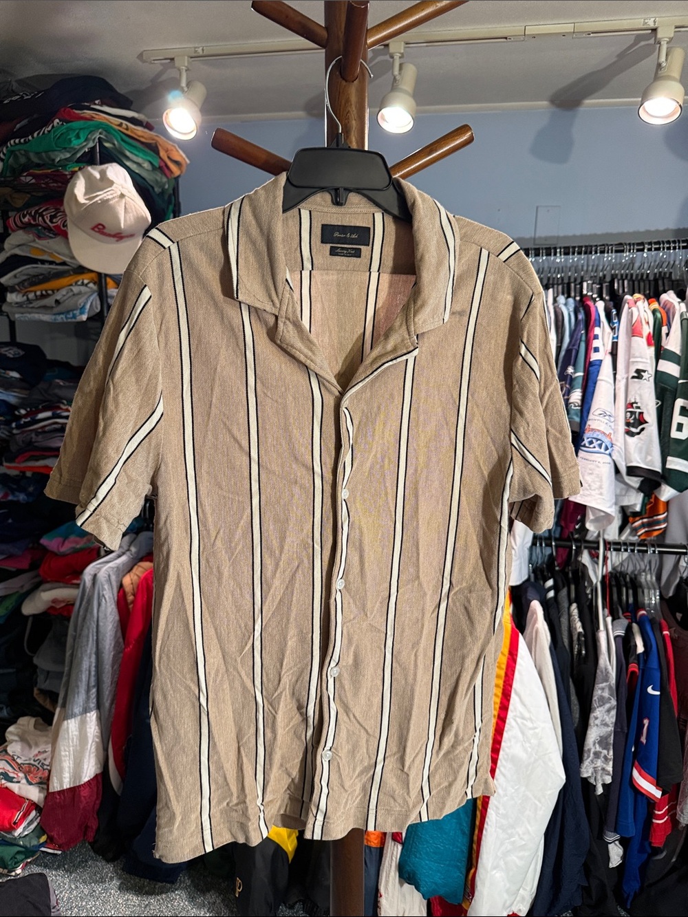 Tan Vertical-Striped Short Sleeve Button Shirt